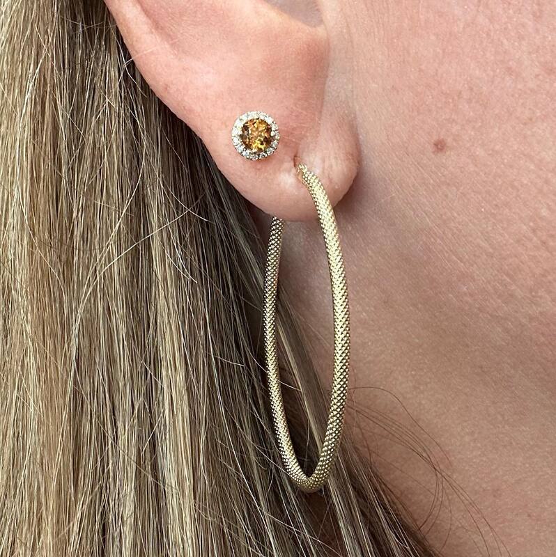 Citrine & diamond studs and gold textured hoop earrings